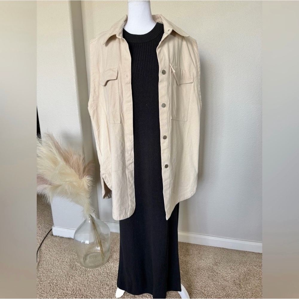 H&M - Cotton Oversized Sleeveless Beige Button-Up Vest